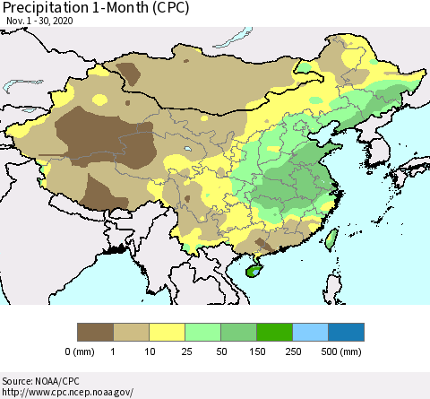 China, Mongolia and Taiwan Precipitation 1-Month (CPC) Thematic Map For 11/1/2020 - 11/30/2020
