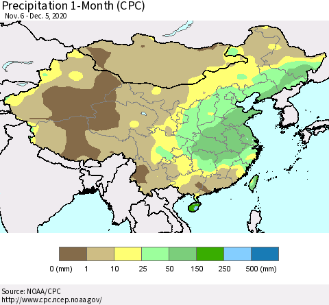 China, Mongolia and Taiwan Precipitation 1-Month (CPC) Thematic Map For 11/6/2020 - 12/5/2020