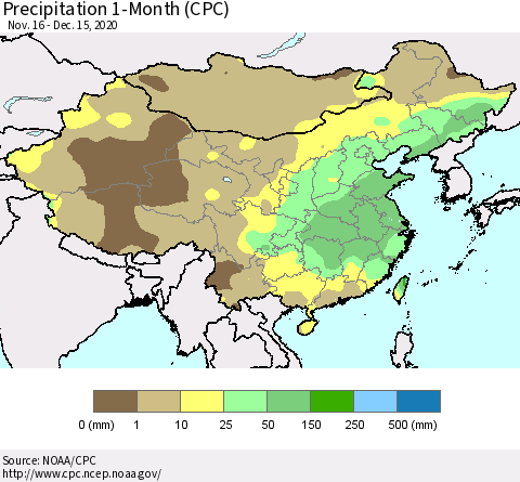 China, Mongolia and Taiwan Precipitation 1-Month (CPC) Thematic Map For 11/16/2020 - 12/15/2020