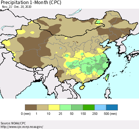 China, Mongolia and Taiwan Precipitation 1-Month (CPC) Thematic Map For 11/21/2020 - 12/20/2020