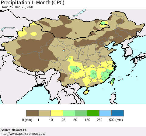 China, Mongolia and Taiwan Precipitation 1-Month (CPC) Thematic Map For 11/26/2020 - 12/25/2020