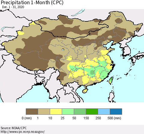 China, Mongolia and Taiwan Precipitation 1-Month (CPC) Thematic Map For 12/1/2020 - 12/31/2020