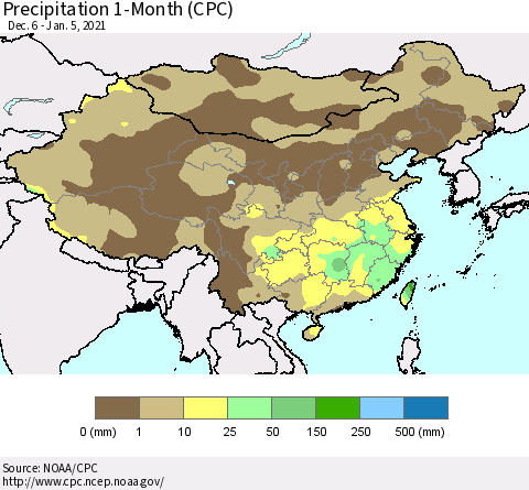 China, Mongolia and Taiwan Precipitation 1-Month (CPC) Thematic Map For 12/6/2020 - 1/5/2021