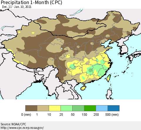 China, Mongolia and Taiwan Precipitation 1-Month (CPC) Thematic Map For 12/11/2020 - 1/10/2021
