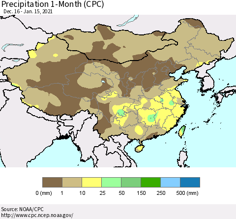China, Mongolia and Taiwan Precipitation 1-Month (CPC) Thematic Map For 12/16/2020 - 1/15/2021