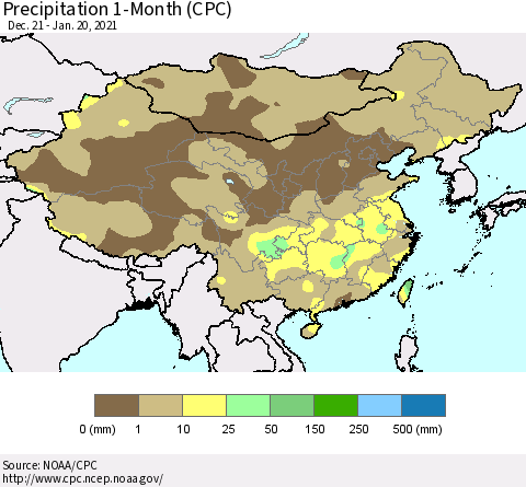 China, Mongolia and Taiwan Precipitation 1-Month (CPC) Thematic Map For 12/21/2020 - 1/20/2021