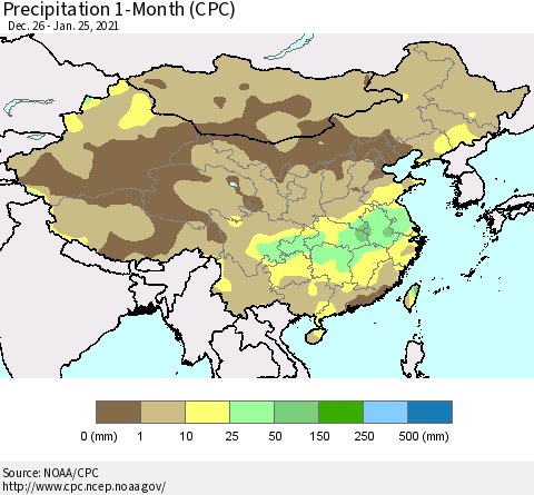 China, Mongolia and Taiwan Precipitation 1-Month (CPC) Thematic Map For 12/26/2020 - 1/25/2021