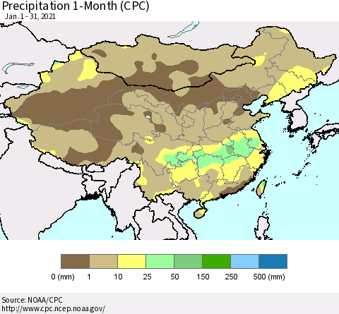China, Mongolia and Taiwan Precipitation 1-Month (CPC) Thematic Map For 1/1/2021 - 1/31/2021