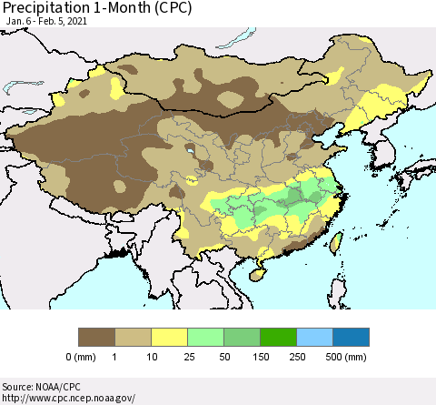 China, Mongolia and Taiwan Precipitation 1-Month (CPC) Thematic Map For 1/6/2021 - 2/5/2021