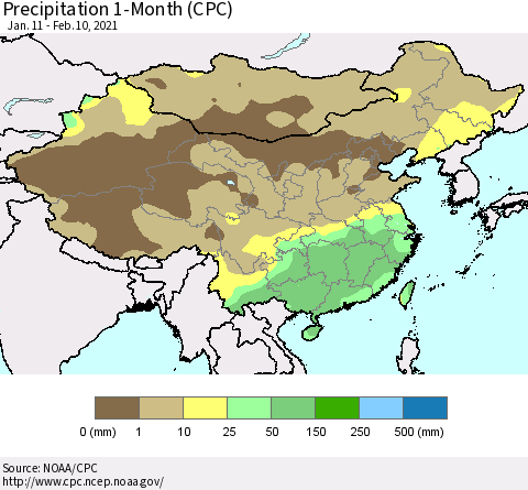 China, Mongolia and Taiwan Precipitation 1-Month (CPC) Thematic Map For 1/11/2021 - 2/10/2021