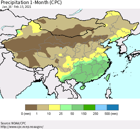 China, Mongolia and Taiwan Precipitation 1-Month (CPC) Thematic Map For 1/16/2021 - 2/15/2021
