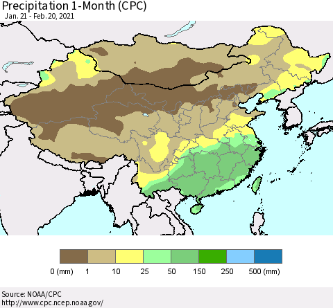 China, Mongolia and Taiwan Precipitation 1-Month (CPC) Thematic Map For 1/21/2021 - 2/20/2021