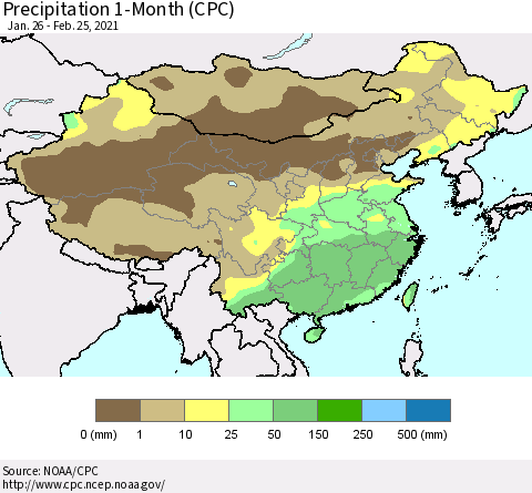 China, Mongolia and Taiwan Precipitation 1-Month (CPC) Thematic Map For 1/26/2021 - 2/25/2021