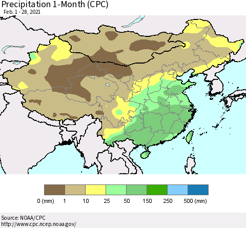 China, Mongolia and Taiwan Precipitation 1-Month (CPC) Thematic Map For 2/1/2021 - 2/28/2021