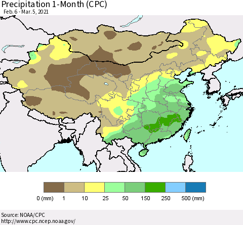 China, Mongolia and Taiwan Precipitation 1-Month (CPC) Thematic Map For 2/6/2021 - 3/5/2021