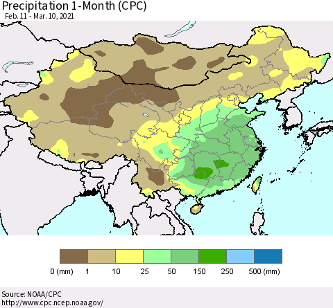 China, Mongolia and Taiwan Precipitation 1-Month (CPC) Thematic Map For 2/11/2021 - 3/10/2021