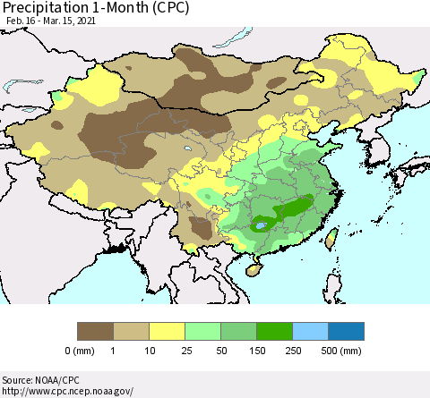 China, Mongolia and Taiwan Precipitation 1-Month (CPC) Thematic Map For 2/16/2021 - 3/15/2021