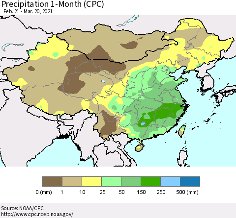 China, Mongolia and Taiwan Precipitation 1-Month (CPC) Thematic Map For 2/21/2021 - 3/20/2021