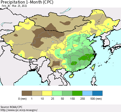 China, Mongolia and Taiwan Precipitation 1-Month (CPC) Thematic Map For 2/26/2021 - 3/25/2021