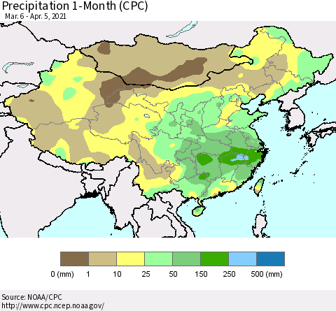 China, Mongolia and Taiwan Precipitation 1-Month (CPC) Thematic Map For 3/6/2021 - 4/5/2021