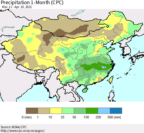 China, Mongolia and Taiwan Precipitation 1-Month (CPC) Thematic Map For 3/11/2021 - 4/10/2021