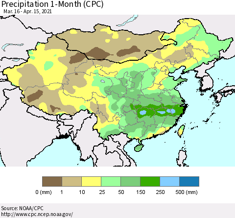 China, Mongolia and Taiwan Precipitation 1-Month (CPC) Thematic Map For 3/16/2021 - 4/15/2021