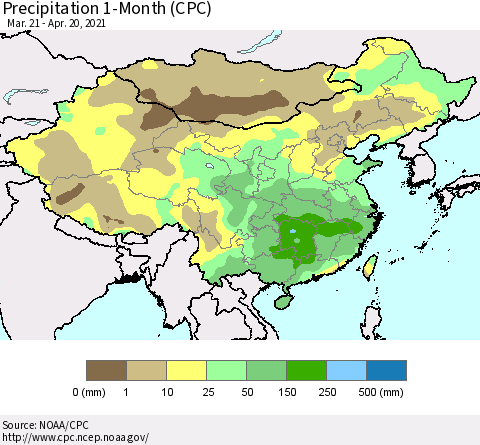 China, Mongolia and Taiwan Precipitation 1-Month (CPC) Thematic Map For 3/21/2021 - 4/20/2021