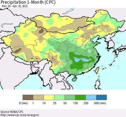 China, Mongolia and Taiwan Precipitation 1-Month (CPC) Thematic Map For 3/26/2021 - 4/25/2021