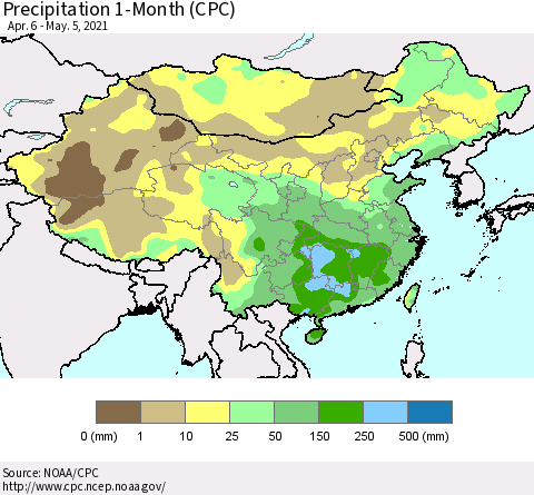 China, Mongolia and Taiwan Precipitation 1-Month (CPC) Thematic Map For 4/6/2021 - 5/5/2021