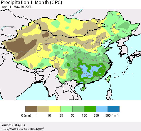 China, Mongolia and Taiwan Precipitation 1-Month (CPC) Thematic Map For 4/11/2021 - 5/10/2021