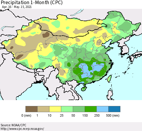 China, Mongolia and Taiwan Precipitation 1-Month (CPC) Thematic Map For 4/16/2021 - 5/15/2021