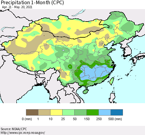 China, Mongolia and Taiwan Precipitation 1-Month (CPC) Thematic Map For 4/21/2021 - 5/20/2021