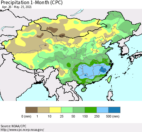 China, Mongolia and Taiwan Precipitation 1-Month (CPC) Thematic Map For 4/26/2021 - 5/25/2021