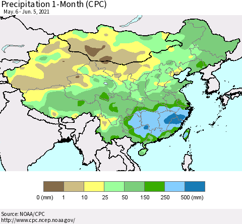China, Mongolia and Taiwan Precipitation 1-Month (CPC) Thematic Map For 5/6/2021 - 6/5/2021