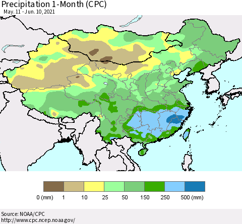 China, Mongolia and Taiwan Precipitation 1-Month (CPC) Thematic Map For 5/11/2021 - 6/10/2021
