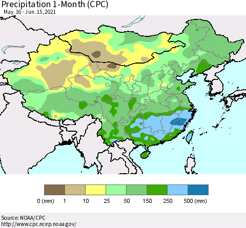 China, Mongolia and Taiwan Precipitation 1-Month (CPC) Thematic Map For 5/16/2021 - 6/15/2021
