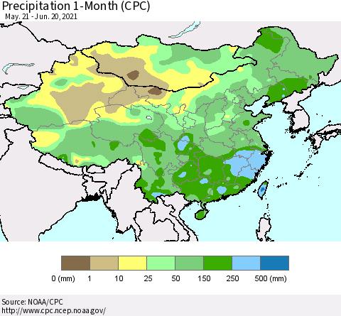 China, Mongolia and Taiwan Precipitation 1-Month (CPC) Thematic Map For 5/21/2021 - 6/20/2021