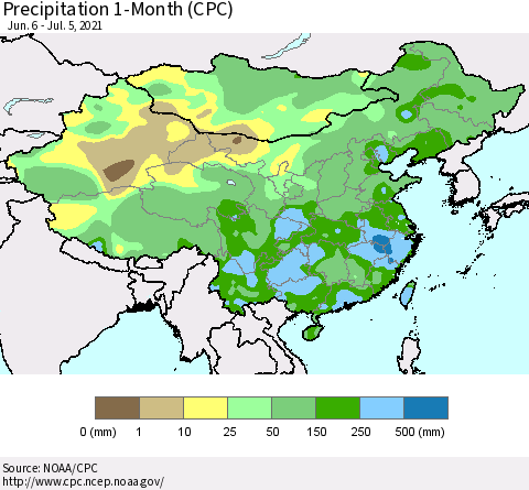 China, Mongolia and Taiwan Precipitation 1-Month (CPC) Thematic Map For 6/6/2021 - 7/5/2021