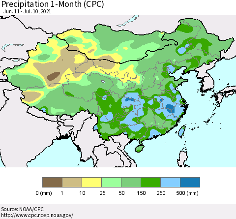 China, Mongolia and Taiwan Precipitation 1-Month (CPC) Thematic Map For 6/11/2021 - 7/10/2021