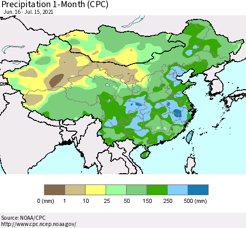 China, Mongolia and Taiwan Precipitation 1-Month (CPC) Thematic Map For 6/16/2021 - 7/15/2021