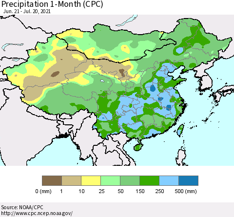 China, Mongolia and Taiwan Precipitation 1-Month (CPC) Thematic Map For 6/21/2021 - 7/20/2021