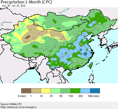 China, Mongolia and Taiwan Precipitation 1-Month (CPC) Thematic Map For 6/26/2021 - 7/25/2021