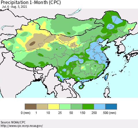 China, Mongolia and Taiwan Precipitation 1-Month (CPC) Thematic Map For 7/6/2021 - 8/5/2021