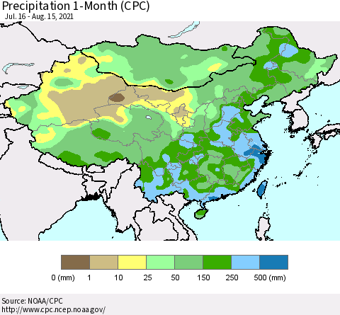 China, Mongolia and Taiwan Precipitation 1-Month (CPC) Thematic Map For 7/16/2021 - 8/15/2021