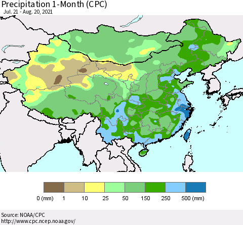 China, Mongolia and Taiwan Precipitation 1-Month (CPC) Thematic Map For 7/21/2021 - 8/20/2021