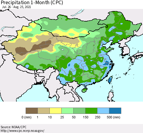 China, Mongolia and Taiwan Precipitation 1-Month (CPC) Thematic Map For 7/26/2021 - 8/25/2021