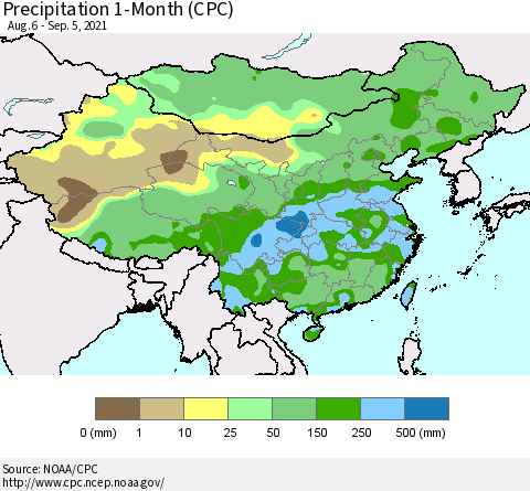 China, Mongolia and Taiwan Precipitation 1-Month (CPC) Thematic Map For 8/6/2021 - 9/5/2021