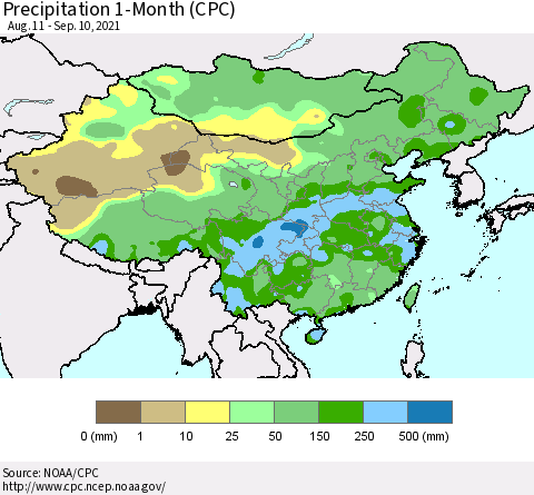 China, Mongolia and Taiwan Precipitation 1-Month (CPC) Thematic Map For 8/11/2021 - 9/10/2021