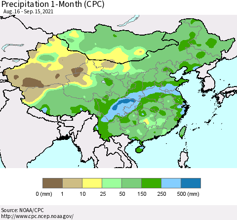 China, Mongolia and Taiwan Precipitation 1-Month (CPC) Thematic Map For 8/16/2021 - 9/15/2021