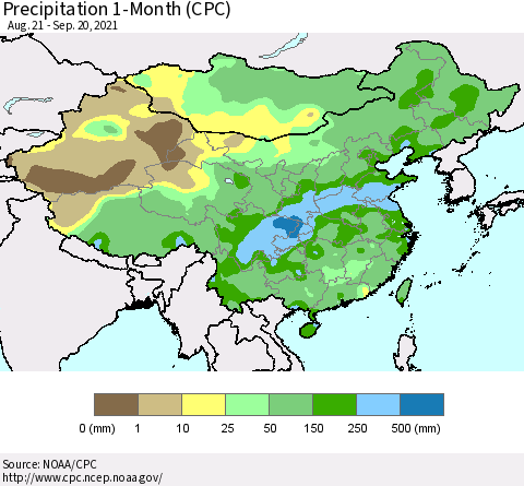 China, Mongolia and Taiwan Precipitation 1-Month (CPC) Thematic Map For 8/21/2021 - 9/20/2021
